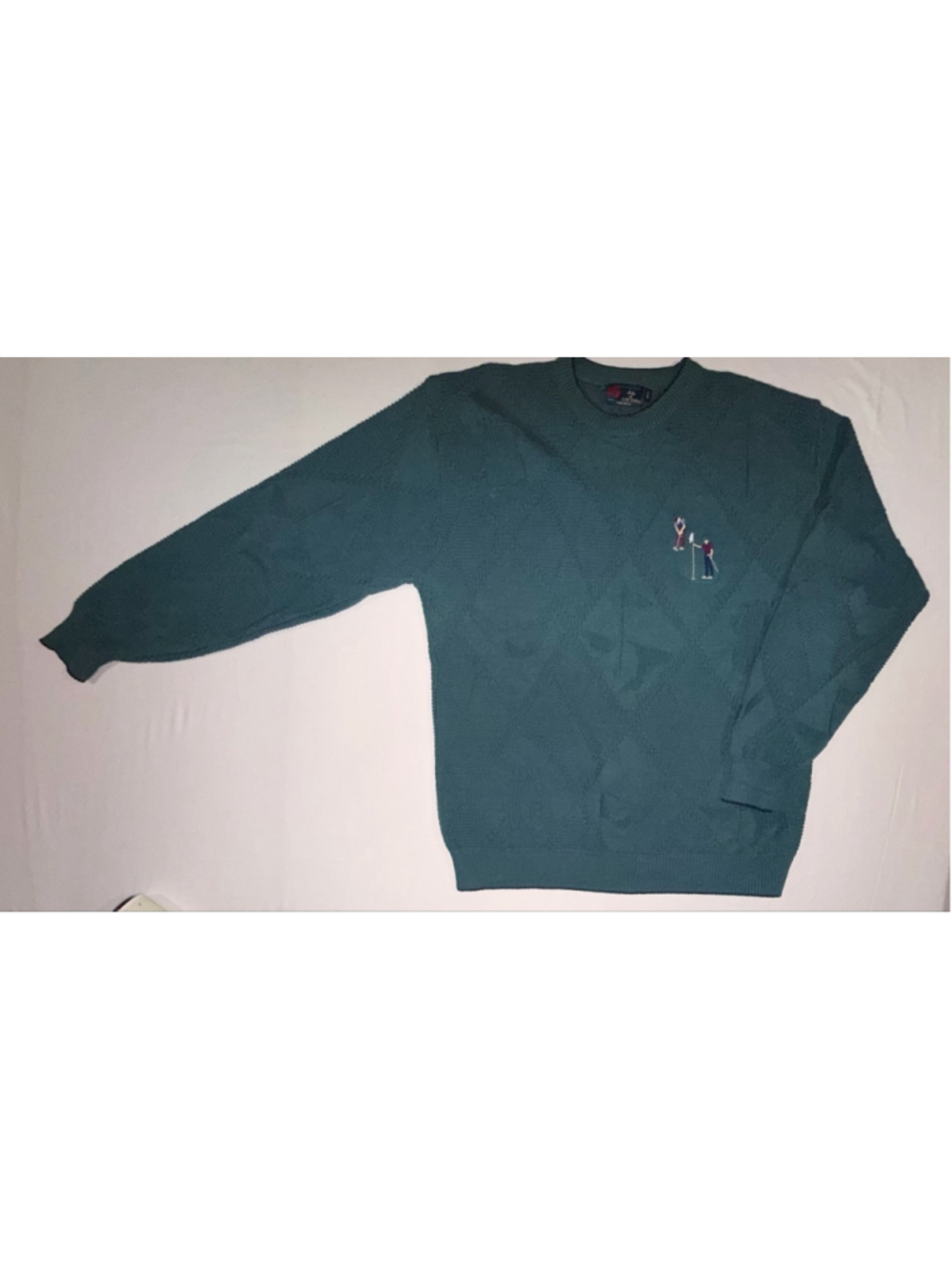 VTG Isle of Cotton Golf Sweater Teal XXLT Embroidered Knit Grandpa USA Preppy